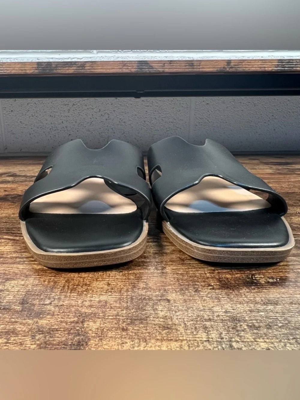 A New Day Sandals Slides Black Faux Leather Slip On Women's 8.5
